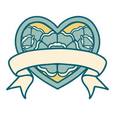 ikonik dövme stili bir kalp ve çiçekli pankart