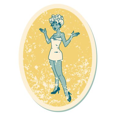 Geleneksel stil havluyla poster kızı dövmesi yaptırmış.