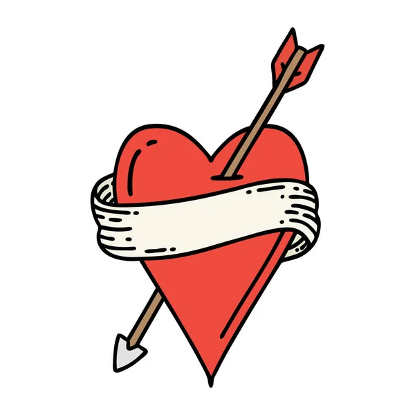 Tatuaje Estilo Tradicional Corazón Flecha Bandera — Vector de stock