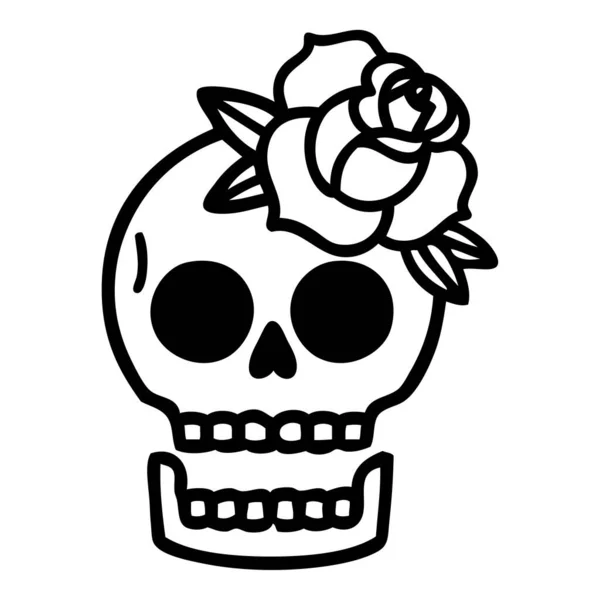 头盖骨和玫瑰的黑线文身 — 图库矢量图片
