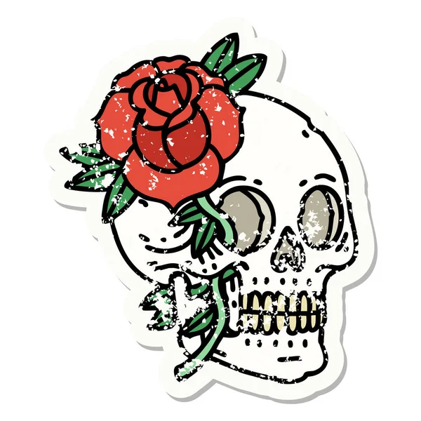 用传统头盖骨和玫瑰的风格制作的令人苦恼的贴纸纹身 — 图库矢量图片