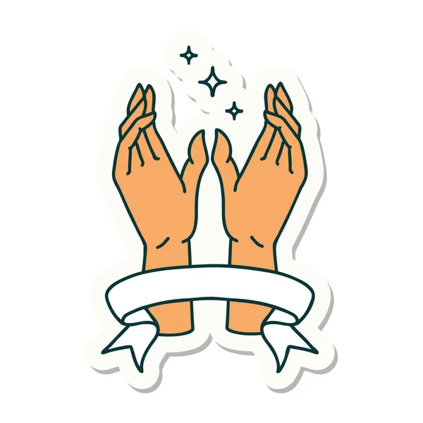 Sticker Tätowierstil Mit Banner Mystischer Hände — Stockvektor