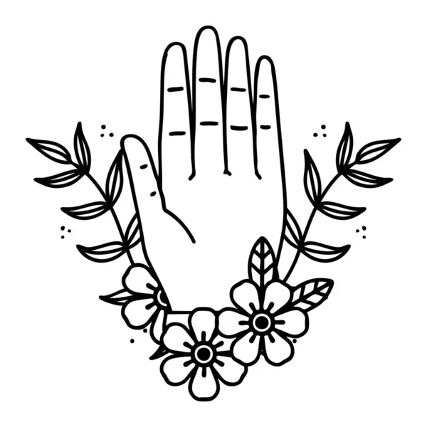 Tatuagem Estilo Linha Preta Uma Mão Flor — Vetor de Stock
