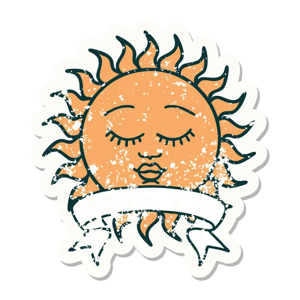 Slitna Gamla Klistermärke Med Banner Sol Med Ansikte — Stock vektor