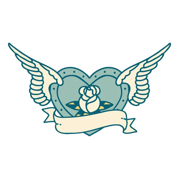 Знаковый Образ Летающего Сердца Стиле Татуировки Цветами Баннером — стоковый вектор