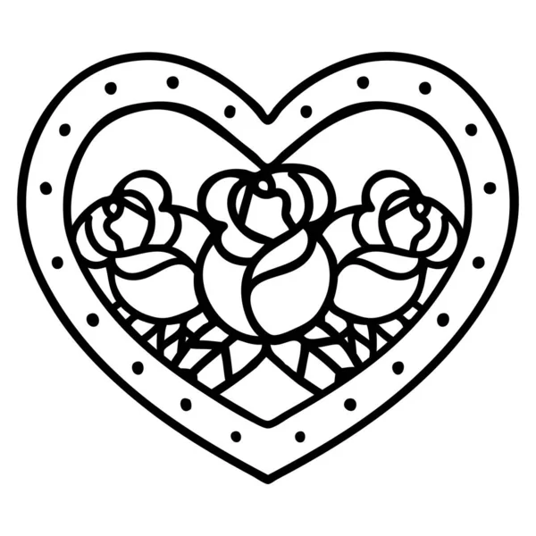 Tatouage Dans Style Ligne Noire Coeur Des Fleurs — Image vectorielle