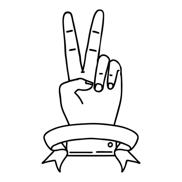 Schwarz Weißes Tätowierband Style Peace Zwei Finger Geste Mit Banner — Stockvektor