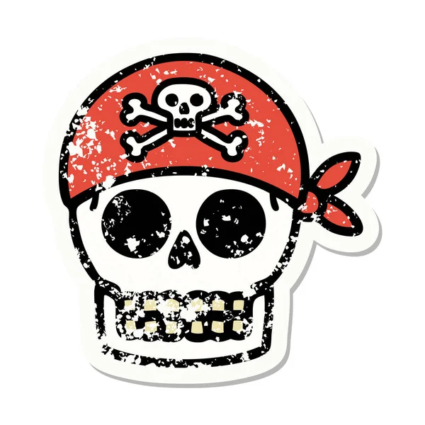 Distressed Sticker Tattoo Traditional Style Pirate Skull — Stock Vector