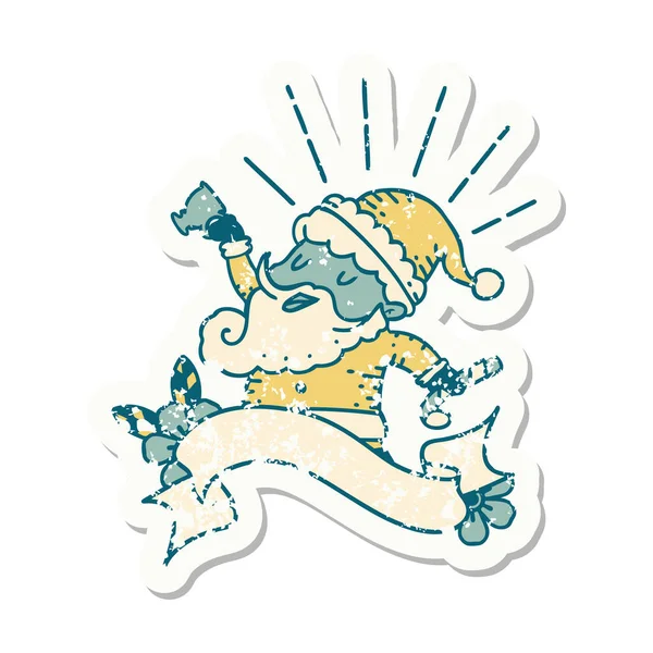 Φοριέται Παλιό Αυτοκόλλητο Ενός Στυλ Τατουάζ Άγιος Βασίλης Χριστούγεννα Χαρακτήρα — Διανυσματικό Αρχείο