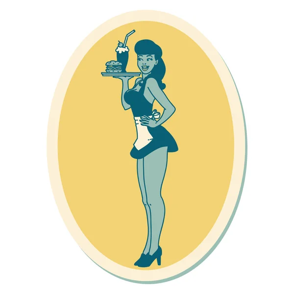 Pegatina Tatuaje Estilo Tradicional Una Camarera Pinup Chica — Vector de stock