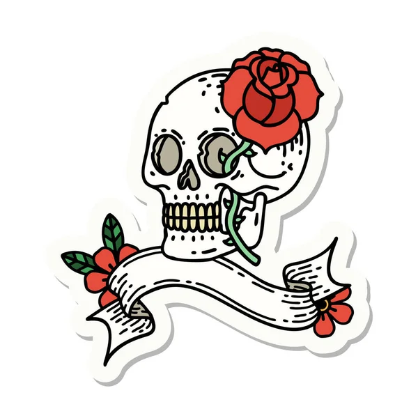 Štítek Stylu Tetování Praporem Lebky Růží — Stockový vektor