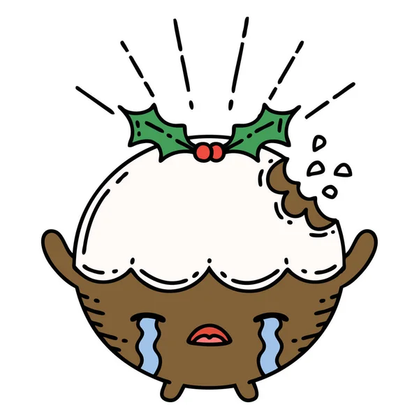 Illustration Traditional Tattoo Style Christmas Pudding Character Crying — Stock Vector