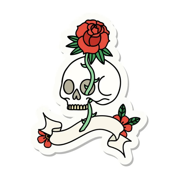 Tätowiersticker Mit Totenkopf Banner Und Rose — Stockvektor