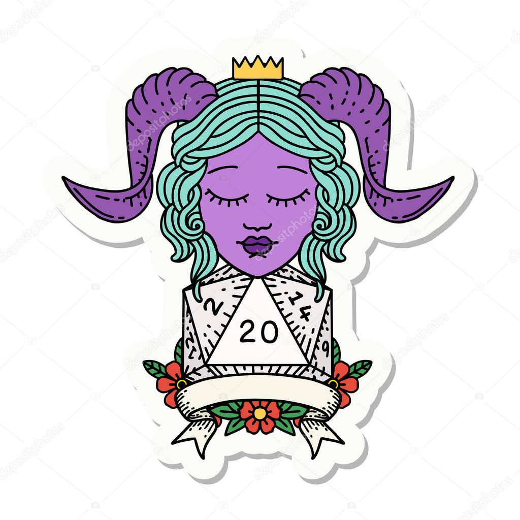 sticker of a tiefling with natural 20 D20 roll