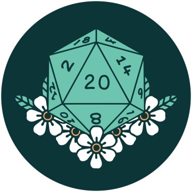 Doğal 20 D20 zarının ikonu çiçek elementleriyle yuvarlanıyor