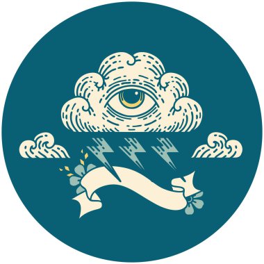 her şeyi gören bir göz bulutunun pankartına sahip dövme tarzı simgesi