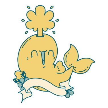 Dövme stili parşömen Mutlu balina karakteri fışkırtan