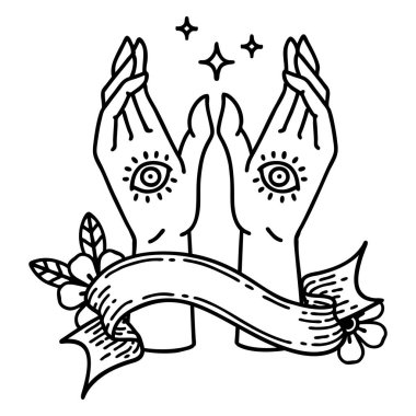 Geleneksel siyah çizgili dövmeli mistik eller