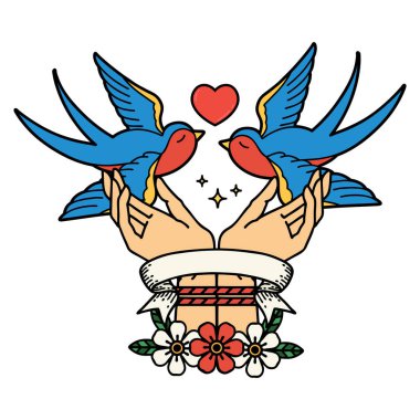 Elleri bağlı ve kırlangıçlı geleneksel dövme