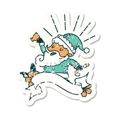 Dövme stili eski bir çıkartma. Noel Baba karakteri kutluyor.