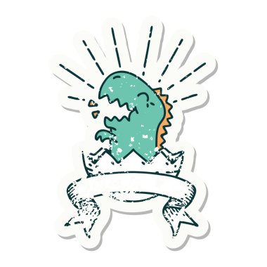 Yumurtadan çıkan bir dinozor dövmesinin eski bir çıkartması.