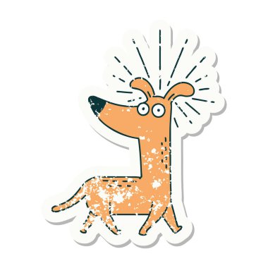 Dövme stili eski bir çıkartma. Şaşırmış köpek.