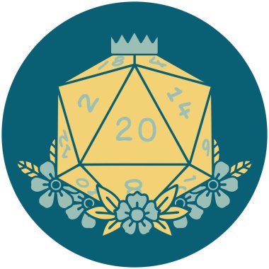 Retro Dövme Biçimi Doğal 20 D20 zarlar Çiçekli elementlerle yuvarlanır