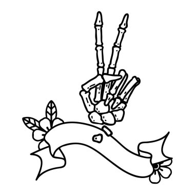 Geleneksel siyah çizgi dövmesi. İskelet sancağıyla barış işareti yapıyor. 