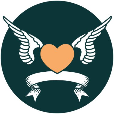 Kanatlı bir kalbin bayrağıyla dövme stili simgesi