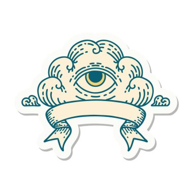 Her şeyi gören bir göz bulutunun bayrağına sahip dövme stili çıkartması