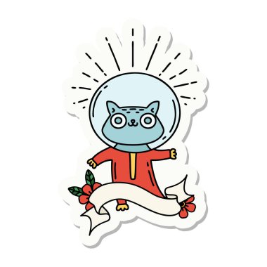 Astronot kostümlü dövme stili bir kedinin çıkartması.