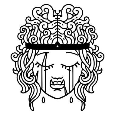 Siyah ve Beyaz Dövme Çizim Tarzı Üzgün Ork Barbar Karakter Yüzü