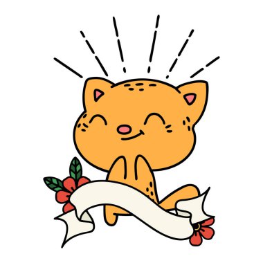 Dövme stili mutlu kedili parşömen.