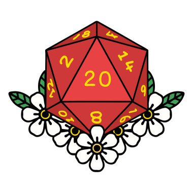 Retro Dövme Biçimi Doğal 20 D20 zarlar Çiçekli elementlerle yuvarlanır