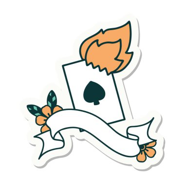 Yanan bir kartın pankartına sahip dövme stili çıkartması