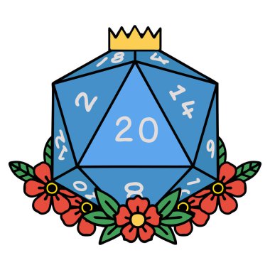 Retro Dövme Biçimi Doğal 20 D20 zarlar Çiçekli elementlerle yuvarlanır