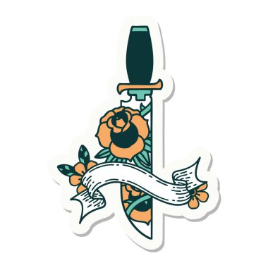 Hançer ve çiçek pankartlı dövme stili