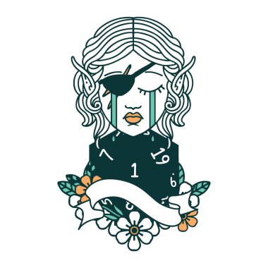 Retro Dövme Tarzı ağlayan elf haylaz karakter yüzü ve doğal bir D20 rulo