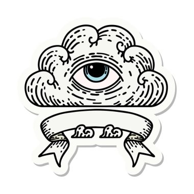 Her şeyi gören bir göz bulutunun bayrağına sahip dövme stili çıkartması