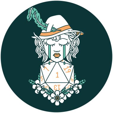 Ağlayan Elf Ozan karakteri ikonu ve doğal bir D20 rulo