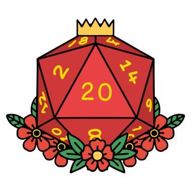 Retro Dövme Biçimi Doğal 20 D20 zarlar Çiçekli elementlerle yuvarlanır