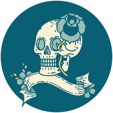 bir kafatası ve gül pankartıyla dövme biçimi simgesi