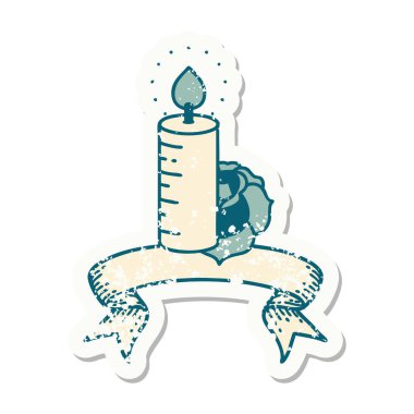 Eski bir etiket, bir mum ve bir gül bayrağı.