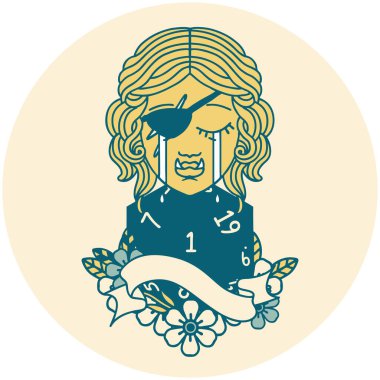 Retro Dövme Tarzı Ağlayan Ork düzenbaz karakter yüzü ve doğal bir d20 zar atma