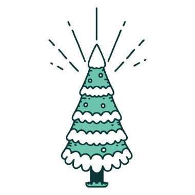 Geleneksel bir dövme resmi. Çam ağacı karla kaplı.