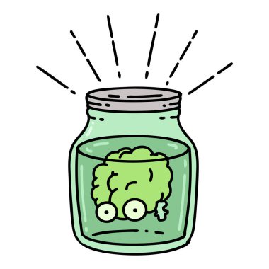 Kavanozda geleneksel dövme stili bir beynin çizimi