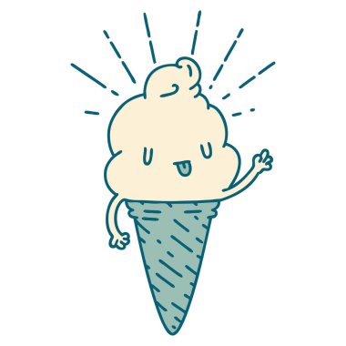 Geleneksel dövmeli dondurma karakterinin el sallaması.