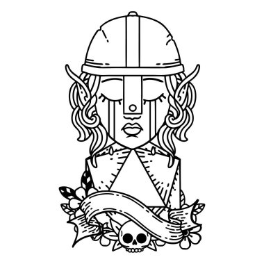 Siyah ve Beyaz Dövme Stili Ağlayan Elf Savaşçısı karakteri yüzü ve doğal bir D20 rulo