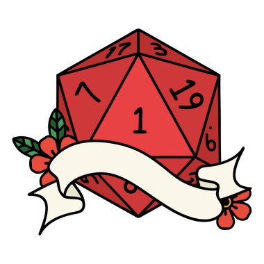 Retro Tattoo Style natural one d20 dice roll clipart