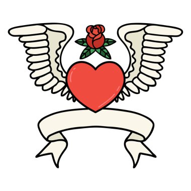 Geleneksel dövmeli, kanatlı bir kalbin bayrağı.